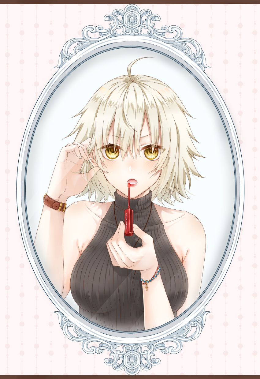 :o absurdres ahoge applying_makeup arm_up bad_id bad_pixiv_id bangs bare_arms bare_shoulders bead_bracelet beads black_sweater blonde_hair blush bracelet breasts buckle commentary_request covered_collarbone eyebrows_visible_through_hair fate/grand_order fate_(series) fingernails glint hair_between_eyes hair_tucking halterneck highres holding jeanne_d'arc_(alter)_(fate) jeanne_d'arc_(fate)_(all) jewelry latin_cross letterboxed lipstick lipstick_tube looking_at_viewer makeup medium_breasts mirror necklace open_mouth pink_background red_lipstick reflection ribbed_sweater rikaya010203 shiny shiny_hair short_hair sleeveless solo sweater upper_body watch wristband wristwatch yellow_eyes