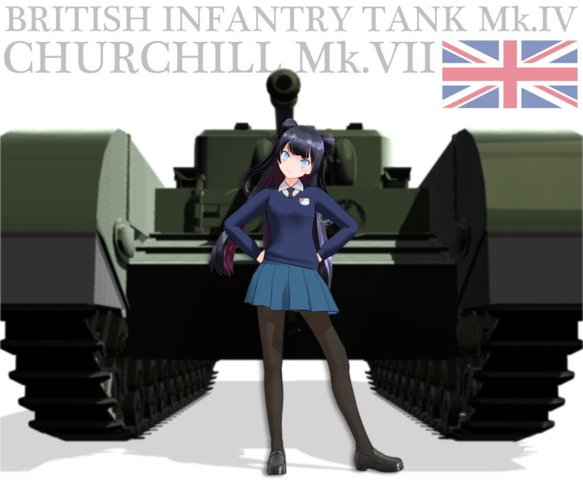 3d black_legwear blue_eyes churchill_(tank) commentary_request english girls_und_panzer ground_vehicle highres islander_(venom_nf3) kantai_collection light_cruiser_oni long_hair mikumikudance military military_vehicle motor_vehicle multicolored_hair pantyhose st._gloriana's_school_uniform tank two-tone_hair union_jack