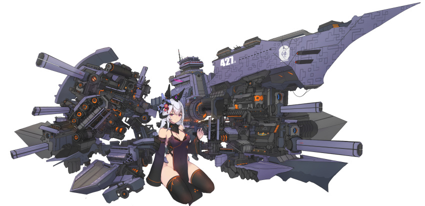 absurdres black_legwear breasts cannon cleavage covered_navel detached_sleeves flower hair_flower hair_ornament halo highres large_breasts long_hair long_sleeves mecha_musume mechanical_ears original pelvic_curtain purple_eyes seiza simple_background sitting solo syaha thighhighs white_background white_hair