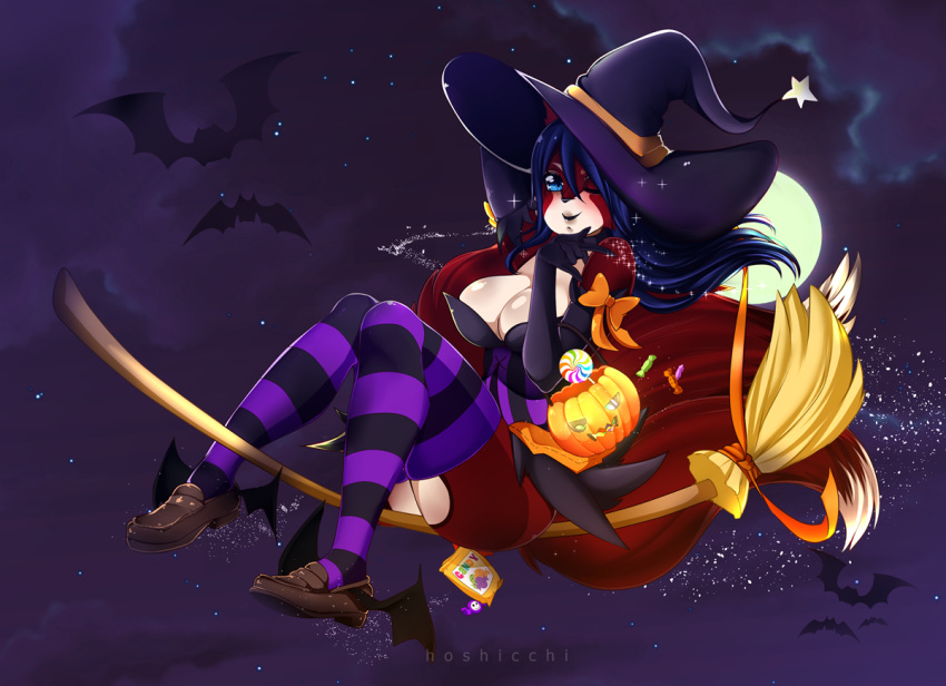 bat big_breasts breasts candy canine cleavage clothed clothing cloud female food fox fruit halloween hat holidays hoshicchi legwear magic_user mammal moon night pumpkin socks star stockings thigh_highs witch yumiki