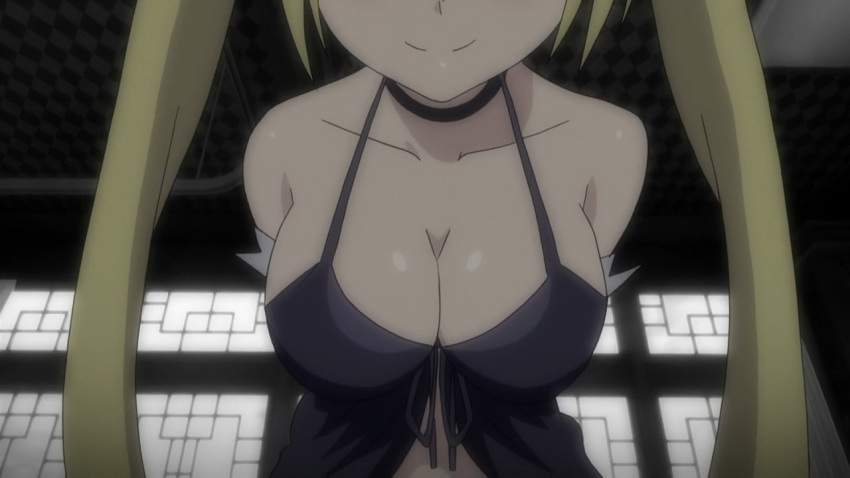 1girl breasts cleavage large_breasts lieselotte_sherlock long_hair screencap smile solo trinity_seven