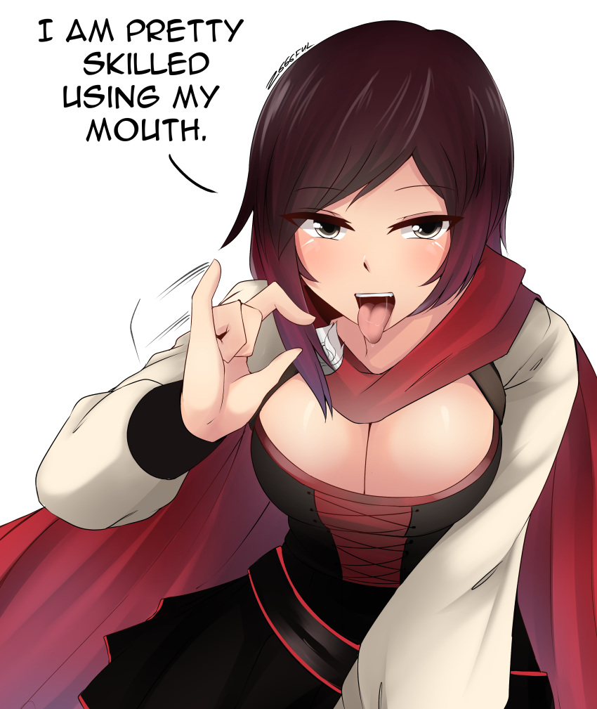 1girl breasts brown_eyes brown_hair cleavage cleavage_cutout eyebrows large_breasts looking_at_viewer open_mouth red_hair ruby_rose rwby short_hair simple_background solo text_focus tongue tongue_out white_background z666ful