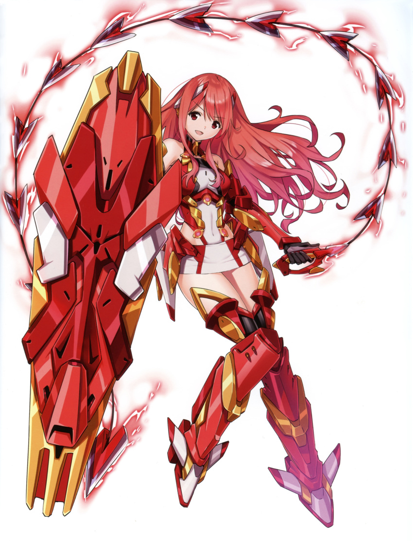 :d absurdres armor armored_boots boots eyebrows_visible_through_hair floating_hair full_body highres holding holding_weapon long_hair microskirt midriff navel open_mouth original red_eyes red_footwear red_hair saitou_masatsugu simple_background skirt smile solo stomach very_long_hair weapon whip white_background white_skirt