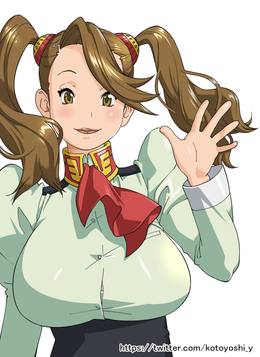 1girl breasts brown_eyes brown_hair female gundam gundam_build_fighters gundam_build_fighters_try hair_ornament kotoyoshi_yumisuke large_breasts long_hair looking_at_viewer open_mouth salute sazaki_kaoruko smile solo twintails uniform upper_body