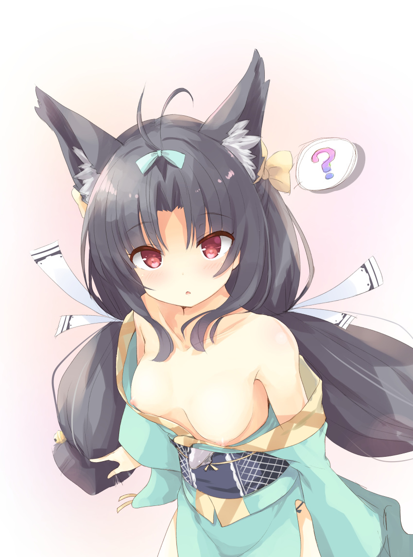 ? absurdres animal_ears antenna_hair azur_lane bangs bare_shoulders bell black_hair blush bow breasts collarbone commentary_request eyebrows_visible_through_hair fox_ears green_kimono hair_bell hair_bow hair_ornament hair_ribbon highres japanese_clothes jingle_bell kimono long_hair long_sleeves looking_at_viewer low_twintails nipples obi off_shoulder parted_lips red_eyes ribbon sash small_breasts solo spoken_question_mark tenjou_ryuka twintails very_long_hair white_ribbon wide_sleeves yellow_bow yuubari_(azur_lane)