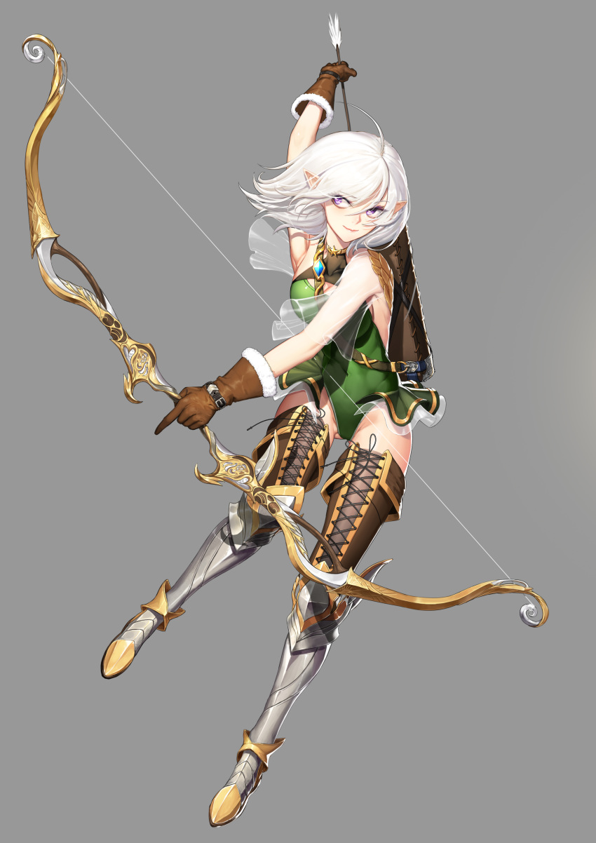 absurdres ahoge arrow backless_outfit boots bow_(weapon) brown_gloves character_request copyright_request cross-laced_footwear elf fur_trim gloves greaves greem_bang green_leotard grey_background hair_between_eyes highres index_finger_raised lace-up_boots leotard looking_to_the_side pointy_ears purple_eyes quiver simple_background smile solo thigh_boots thighhighs weapon white_hair