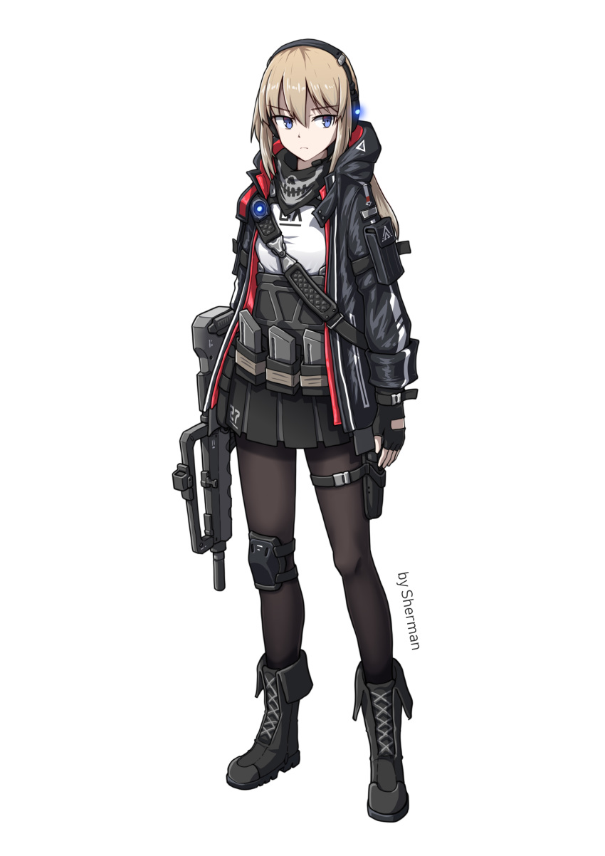 1girl absurdres assault_rifle bandanna blonde_hair blue_eyes boots bullpup famas fingerless_gloves full_body gloves gun headset highres hood hood_down jacket long_hair magazine_(weapon) original pantyhose pleated_skirt rifle sherman_(egnk2525) single_knee_pad skirt weapon white_background