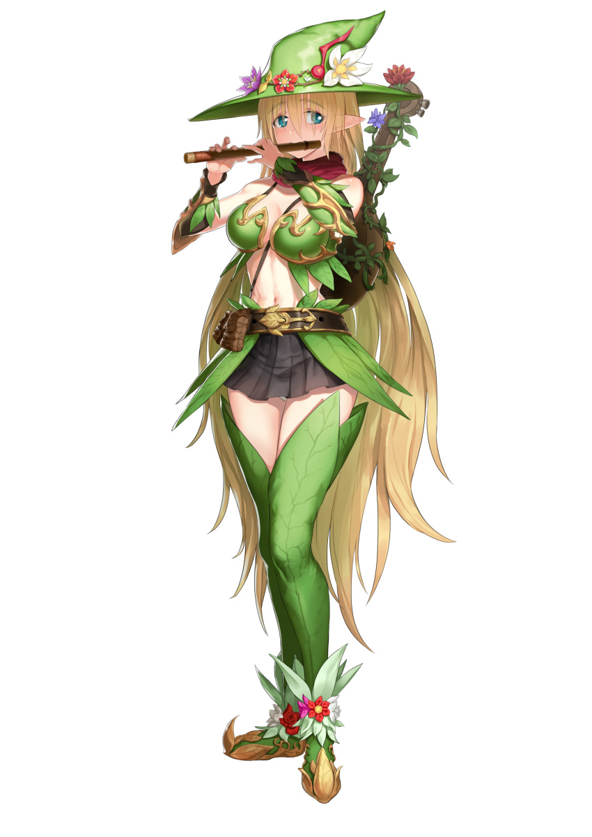 absurdres belt blonde_hair breasts brown_skirt character_request cleavage commentary_request elf flower flute greem_bang green_hat green_legwear hair_between_eyes hat hat_flower highres instrument large_breasts long_hair mandolin midriff miniskirt music navel panties pantyshot pantyshot_(standing) playing_instrument pointy_ears simple_background skirt standing thighhighs underwear very_long_hair white_background white_panties