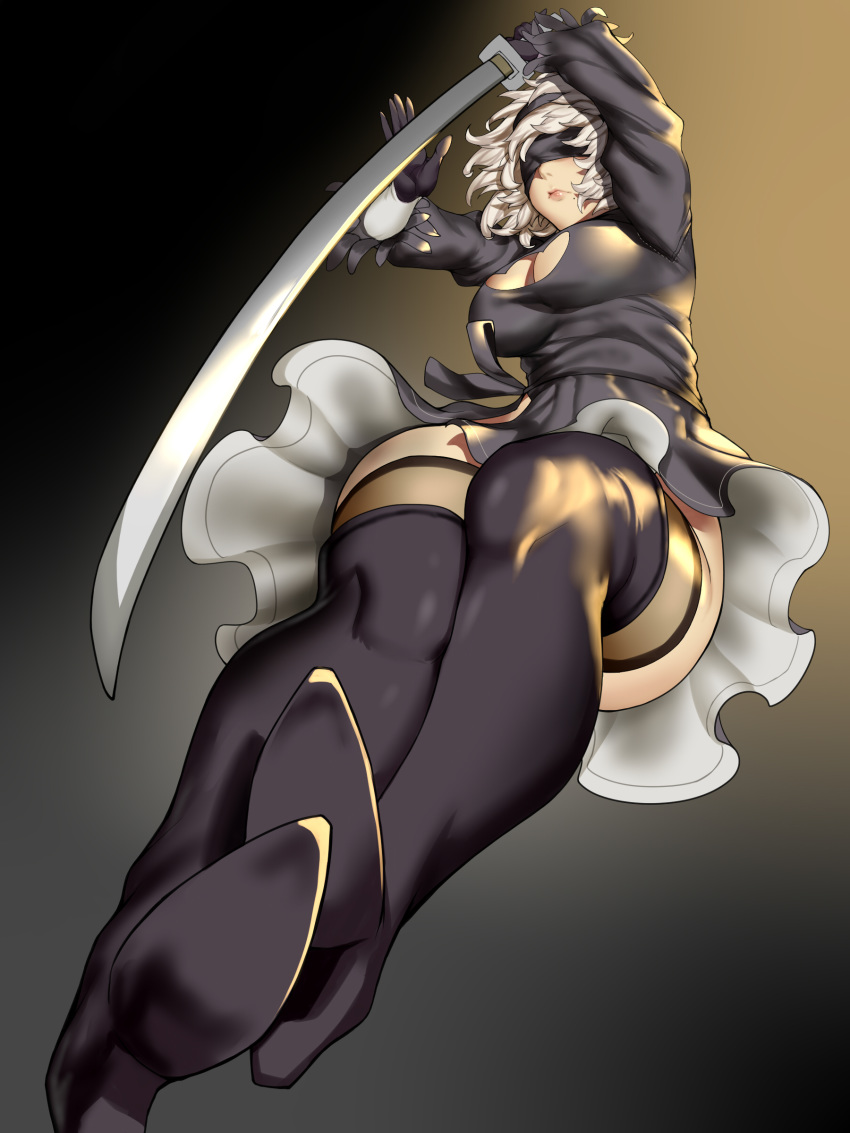 absurdres black_blindfold black_dress black_legwear blindfold boots breasts cleavage cleavage_cutout commentary dress high_heel_boots high_heels highres kumiko_shiba large_breasts midair mole mole_under_mouth nier_(series) nier_automata silver_hair solo sword thigh_boots thighhighs weapon yorha_no._2_type_b