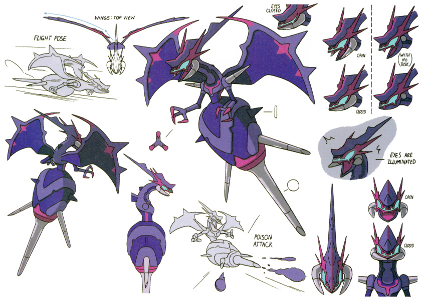 absurd_res action_lines blue_eyes english_text hi_res james_turner model_sheet naganadel nintendo official_art open_mouth pok&eacute;mon pok&eacute;mon_(species) purple_body simple_background text ultra_beast video_games white_background wings