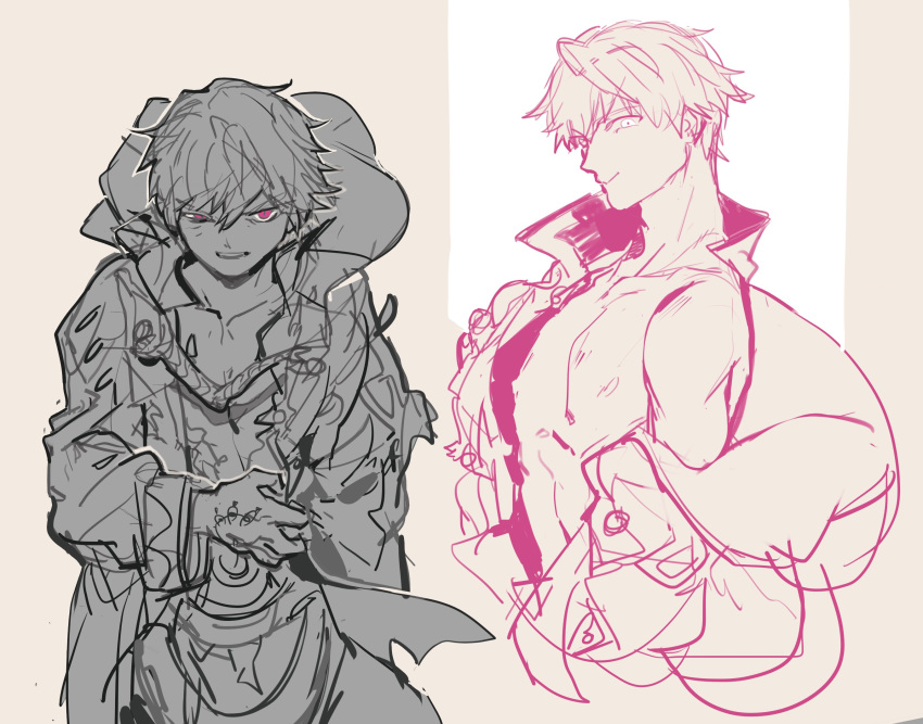 clutching_chest dark_persona fire_emblem fire_emblem:_kakusei fire_emblem_heroes gimurei highres kohiu male_focus male_my_unit_(fire_emblem:_kakusei) my_unit_(fire_emblem:_kakusei) nipples pectorals red_eyes robe simple_background sketch solo tan_background