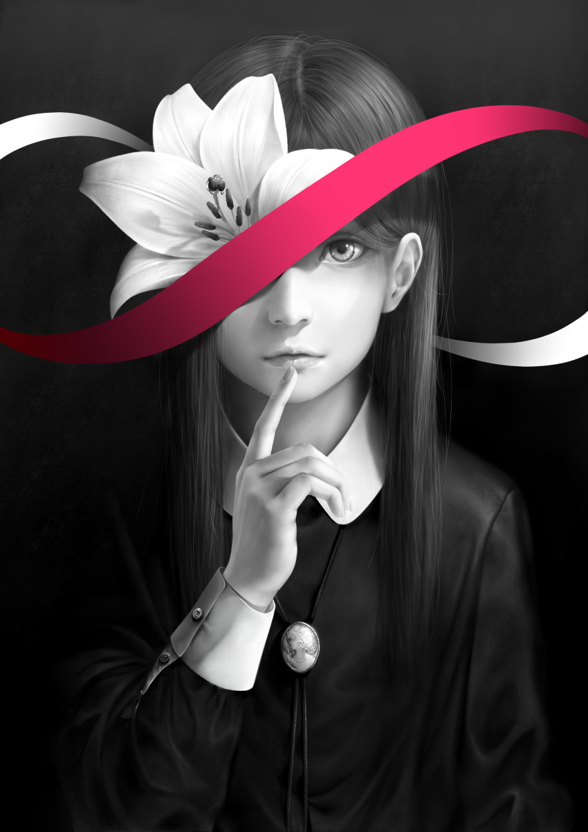 absurdres bouno_satoshi brooch closed_mouth collared_dress dress flower highres index_finger_raised jewelry lips long_hair long_sleeves looking_at_viewer monochrome necklace original smile solo spot_color upper_body