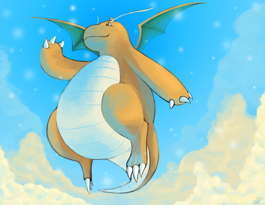 claws cloud cloudy_sky commentary creature day dragon dragonite flying full_body gen_1_pokemon looking_away no_humans outdoors pokemon pokemon_(creature) rock-bomber sky smile solo tail wings yellow_eyes