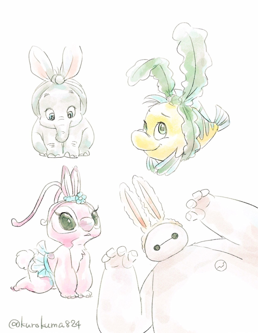 2017 4_fingers alien angel_(lilo_and_stitch) antennae back_markings baymax big_hero_6 black_eyes blue_eyes chest_tuft clothing cub cute disney dumbo dumbo_(movie) easter elephant experiment_(species) eyelashes fake_ears fake_rabbit_ears fake_rabbit_tail fake_tail fish flounder flower fur green_eyes grey_body group hi_res holidays kurokuma824 lilo_and_stitch looking_at_viewer machine mammal marine markings pink_fur pink_nose plant robot simple_background smile the_little_mermaid trunk tuft tutu white_background white_body young