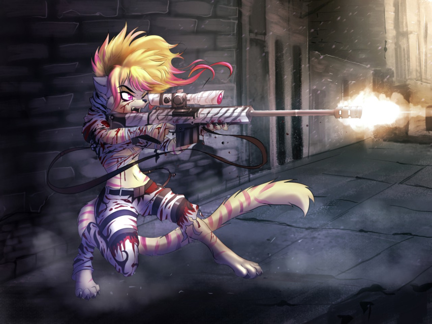 anthro blonde_hair blood canine clothed clothing female gun hair mammal midriff navel one_eye_closed pink_hair ranged_weapon rifle sniper_rifle solo spaceweasel2306 torn_clothing weapon