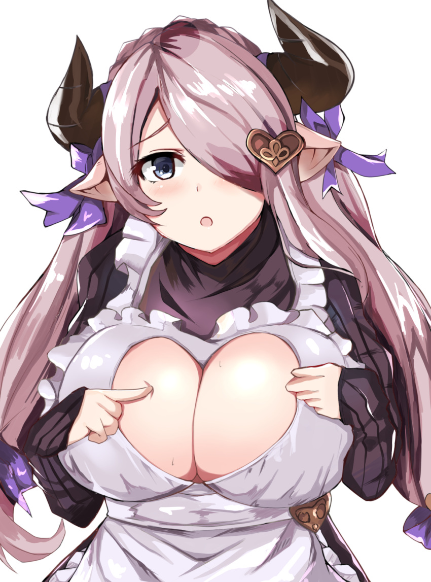 apron blue_eyes braid breasts cleavage draph granblue_fantasy guillotine_(guillo_twin) hair_ornament hair_over_one_eye highres horns large_breasts lavender_hair long_hair looking_at_viewer low_tied_hair narmaya_(granblue_fantasy) pointy_ears purple_hair single_braid solo valentine