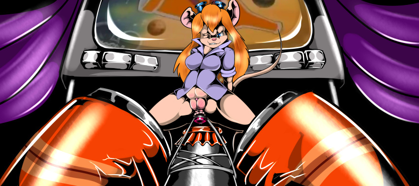 2017 absurd_res anal anal_penetration anthro beverage biped bottomless breasts chip_'n_dale_rescue_rangers clitoris clothed clothing disney eyewear female front_view fur gadget_hackwrench goggles hair hi_res kitt_kitten mammal mouse one_eye_closed orange_hair penetration pink_nose purple_clothing purple_shirt purple_topwear pussy pussy_blush rodent shirt soda solo tan_fur television topwear
