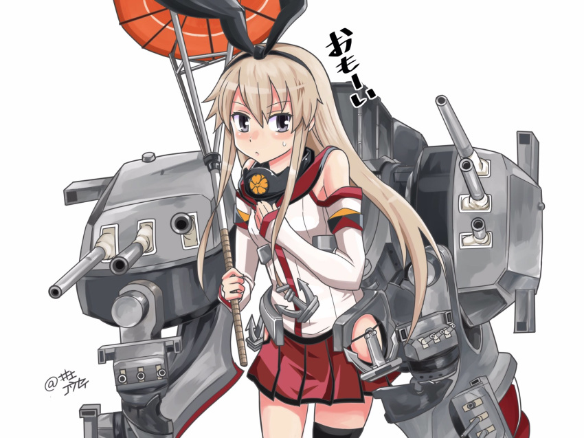 anchor_hair_ornament animal_ears black_eyes blonde_hair bunny_ears cannon commentary_request cosplay cowboy_shot detached_sleeves hair_ornament hairband highres inoue_kousei kantai_collection long_hair looking_at_viewer machinery miniskirt pleated_skirt red_skirt red_umbrella shimakaze_(kantai_collection) simple_background single_thighhigh skirt solo thighhighs turret white_background yamato_(kantai_collection) yamato_(kantai_collection)_(cosplay)
