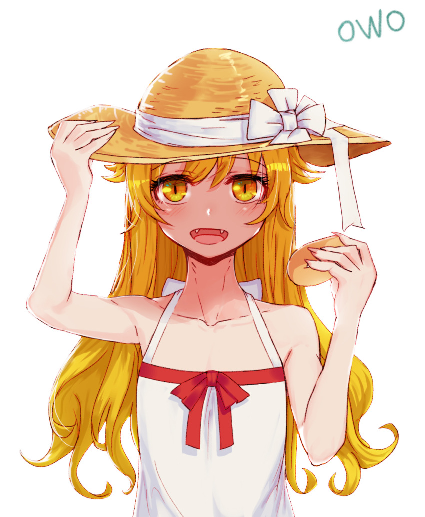 :d bakemonogatari blonde_hair bow doughnut dress fangs food greem_bang hand_on_headwear hat hat_bow hat_ribbon highres holding long_hair looking_at_viewer monogatari_(series) open_mouth oshino_shinobu ribbon simple_background slit_pupils smile solo straw_hat sun_hat white_background white_dress white_ribbon yellow_eyes