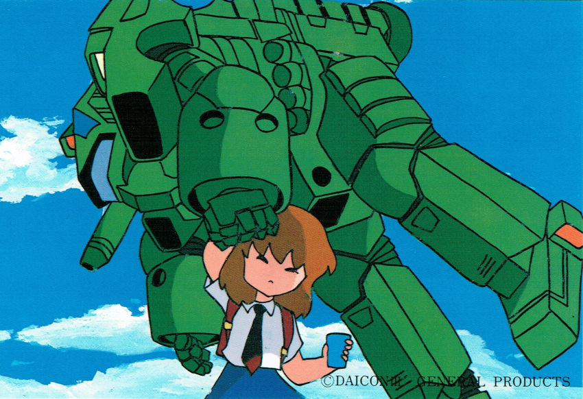 80s artist_request backpack bag battle black_hair brown_hair carrying_overhead cloud cup daicon daicon_bunny_girl daicon_iii day dress general_products highres lifting_another mecha missile missile_pod mobile_infantry necktie official_art oldschool picking_up postcard power_armor promotional_art randoseru robot scan school_bag science_fiction short_hair shoulder_cannon size_difference skirt sky starship_troopers traditional_media uchuu_no_senshi