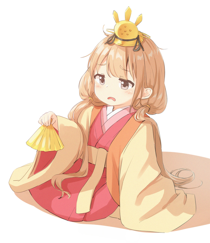 blonde_hair blush eyebrows_visible_through_hair fan futaba_anzu grey_eyes hat highres hinamatsuri idolmaster idolmaster_cinderella_girls idolmaster_cinderella_girls_starlight_stage japanese_clothes kimono long_hair naru12 simple_background sitting solo twintails white_background