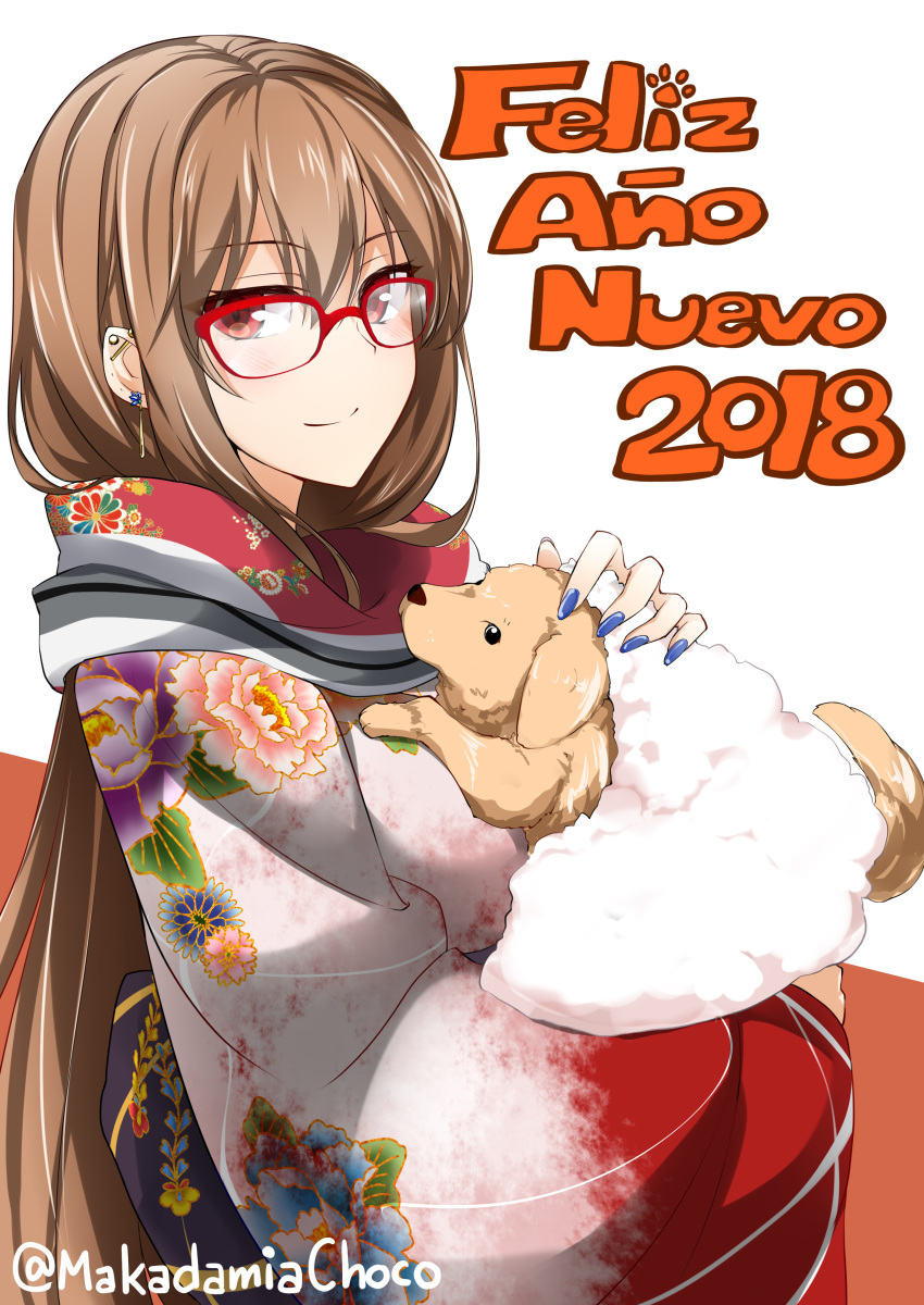 2018 absurdres animal brown_hair commentary_request dog earrings furisode glasses highres holding holding_animal japanese_clothes jewelry kimono lindoh_flores long_hair looking_at_viewer nail_polish new_year original red-eyes_macadamiachoco red-framed_eyewear red_eyes simple_background smile solo twitter_username upper_body white_background