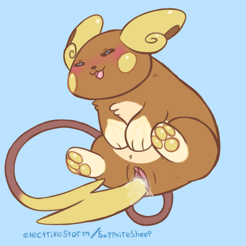 2018 alolan_raichu blush clitoris cyan_background electrikestorm eyes_closed female feral fur hi_res masturbation open_mouth pawpads paws penetration pok&eacute;mon_(species) pussy pussy_juice regional_variant small_nose solo tail_masturbation tan_fur vaginal vaginal_masturbation vaginal_penetration yellow_pawpads