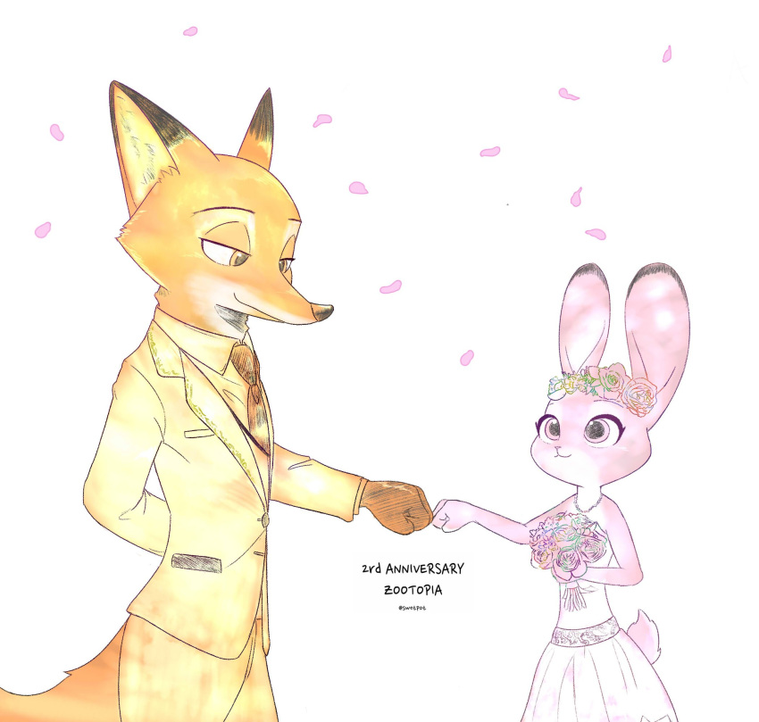 2018 anthro canine clothing disney dress female fox fur judy_hopps lagomorph male mammal nick_wilde rabbit simple_background swetpot wedding_dress zootopia