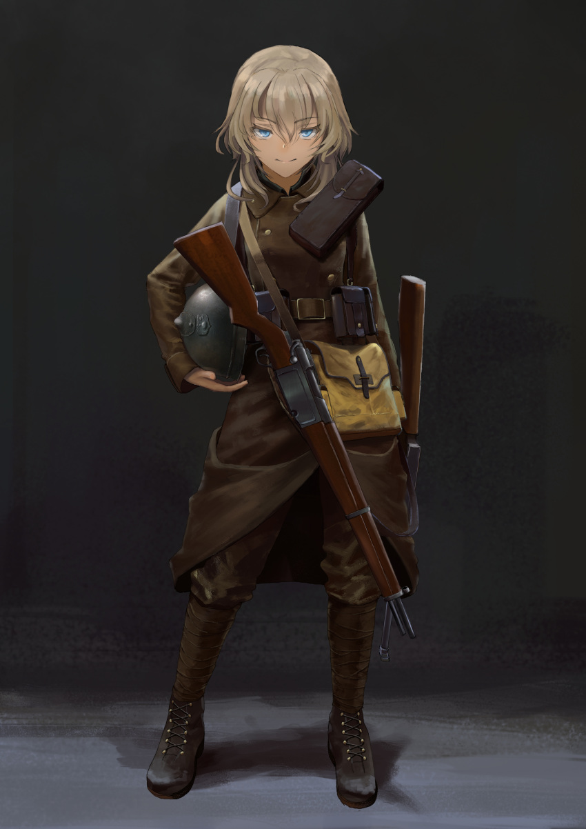 absurdres adrian_helmet blonde_hair blue_eyes furukawa_herzer gun headwear_removed helmet helmet_removed highres mas-36 mas-38 military military_uniform original pouch rifle solo uniform weapon