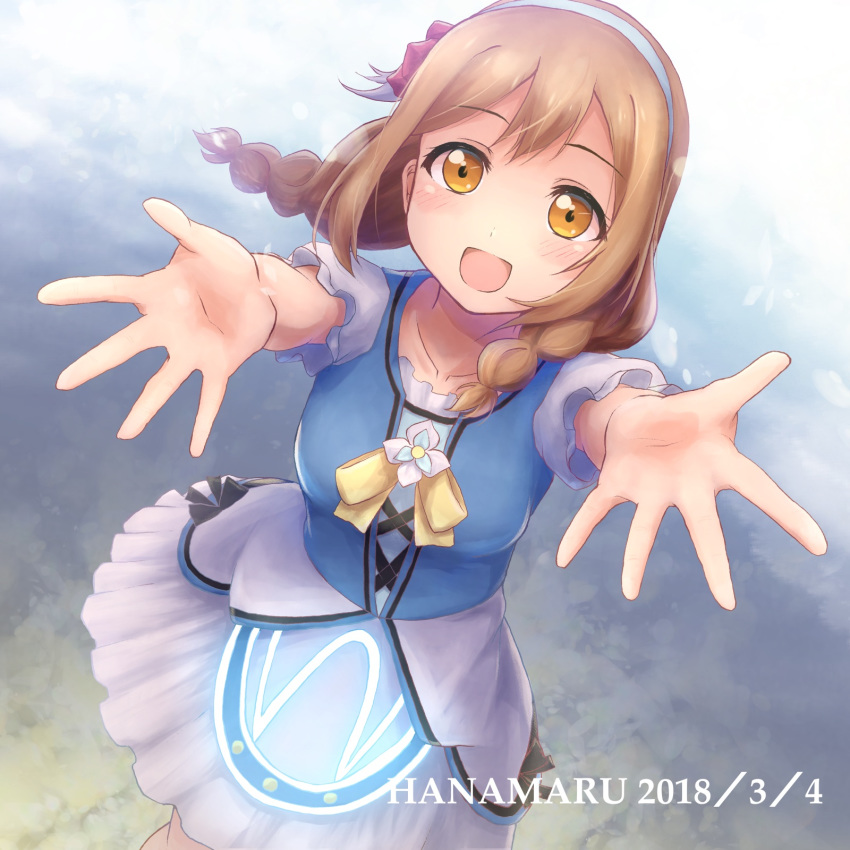 alternate_hairstyle b.ren bangs birthday braid breasts brown_hair character_name dated english hairband happy_birthday highres kunikida_hanamaru long_hair looking_at_viewer love_live! love_live!_sunshine!! medium_breasts open_hands solo twin_braids water_blue_new_world yellow_eyes