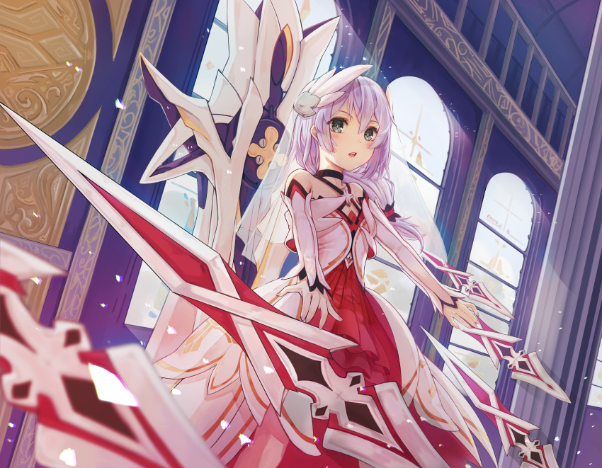 absurdres aqua_eyes bang benghuai_xueyuan blush bridal_veil celestial_hymn church cross_brooch detached_sleeves elrusa eyebrows feathers finger_gun hair_between_eyes hair_ornament hair_over_shoulder highres honkai_impact indoors light_rays looking_at_viewer nun open_mouth outstretched_arms pillar pleated_skirt sidelocks silver_hair skirt spread_arms stained_glass sunbeam sunlight sword theresa_apocalypse tied_hair veil weapon window