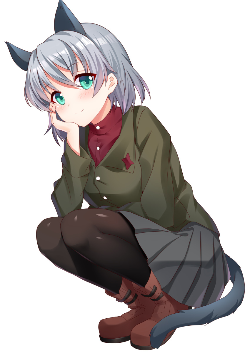 absurdres animal_ears bad_id bad_pixiv_id black_legwear boots cat_ears cat_tail commentary_request eyebrows_visible_through_hair green_eyes hand_on_own_cheek highres lucha_tongxie military military_uniform pantyhose plaid plaid_skirt red_shirt sanya_v_litvyak shirt short_hair silver_hair skirt smile solo squatting strike_witches tail uniform world_witches_series