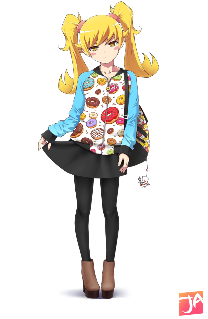 :3 artist_logo backpack bag bag_charm bakemonogatari bangs black_legwear black_skirt blush_stickers boots brown_footwear charm_(object) doughnut doughnut_print food food_print full_body hair_ornament head_tilt highres j_adsen jacket kizumonogatari long_hair long_sleeves looking_at_viewer miniskirt monogatari_(series) moogle oshino_shinobu pantyhose platform_footwear print_jacket simple_background skirt skirt_lift sleeves_past_wrists solo standing twintails white_background yellow_eyes zipper zipper_pull_tab