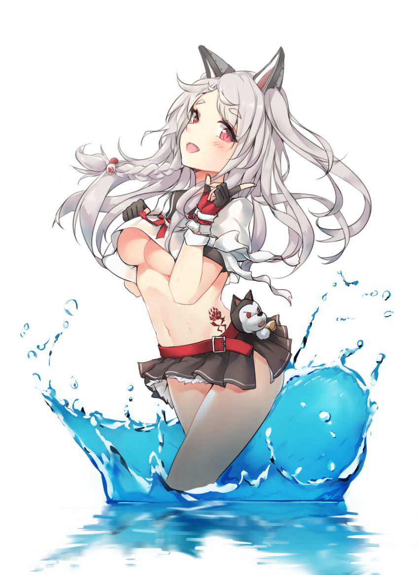 animal_ears azur_lane belt belt_buckle black_gloves blush braid breasts buckle crop_top crop_top_overhang eyebrows_visible_through_hair fake_animal_ears fingerless_gloves gloves hand_on_own_chest hentai_kuwa highres index_finger_raised long_hair looking_at_viewer mechanical_ears medium_breasts miniskirt navel one_side_up petticoat pleated_skirt puffy_short_sleeves puffy_sleeves shiny shiny_hair short_sleeves side_braid side_slit simple_background skirt solo splashing standing stomach stuffed_wolf tattoo thick_eyebrows thighs underboob wading water white_background wolf_ears yuudachi_(azur_lane)