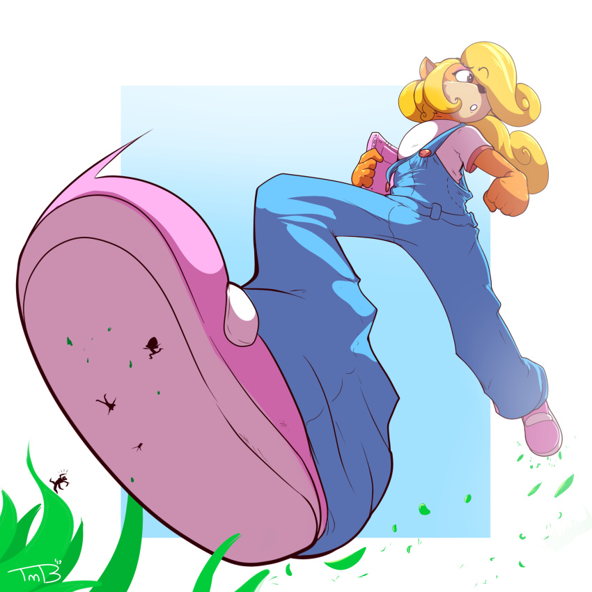 anthro bandicoot blonde_hair clothed clothing coco_bandicoot crash_bandicoot crash_bandicoot_(series) crush female footwear grass hair looking_back low-angle_view mammal marsupial micro shoes stomping thaddeusmcboosh under_foot video_games worm's-eye_view