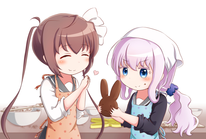 &gt;:) ^_^ ahoge apron bangs black_cardigan blue_apron blue_eyes blush bow brown_apron brown_hair chocolate closed_eyes closed_mouth collarbone commentary_request eyebrows_visible_through_hair fang fang_out goth_risuto grey_skirt hair_between_eyes hair_bow head_scarf heart long_hair long_sleeves looking_at_another low_ponytail momochi_tamate multiple_girls own_hands_together pink_hair ponytail print_apron school_uniform sengoku_kamuri serafuku shirt skirt sleeves_pushed_up slow_start smile sparkle star star_print twintails v-shaped_eyebrows valentine very_long_hair white_background white_bow white_shirt