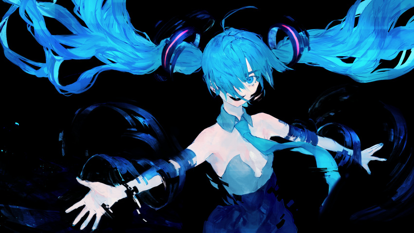 armpits bare_shoulders blue_eyes blue_hair blue_neckwear blue_skirt breasts detached_collar exploding_clothes eyebrows_visible_through_hair hair_over_one_eye hatsune_miku high-waist_skirt highres long_hair looking_at_viewer medium_breasts necktie one_eye_covered open_mouth outstretched_arms ozyako skirt smirk solo spread_arms torn_clothes torn_sleeves twintails upper_body vocaloid