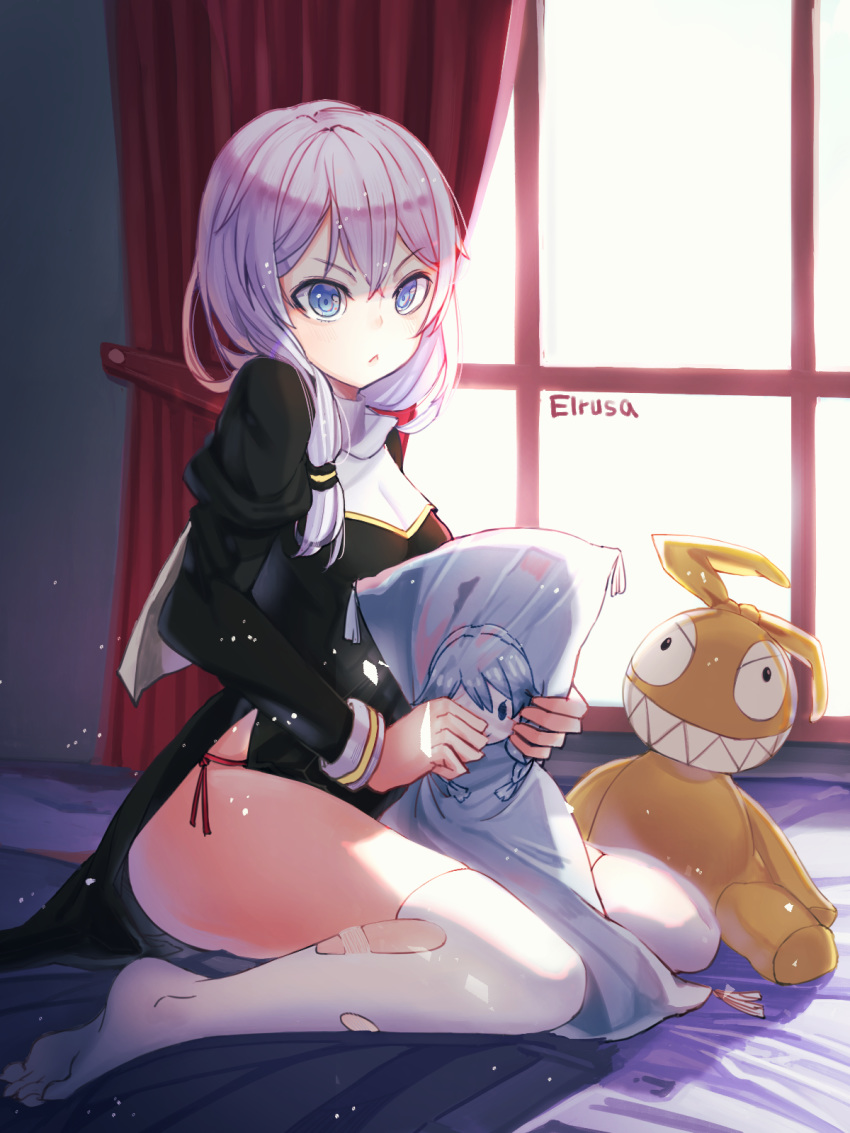 &gt;:&lt; aqua_eyes bed benghuai_xueyuan commentary_request curtains doll elrusa eyebrows habit highres honkai_impact kiana_kaslana looking_at_viewer nun on_bed pillow silver_hair sitting sitting_on_bed string_panties theresa_apocalypse thighhighs torn_clothes torn_legwear window