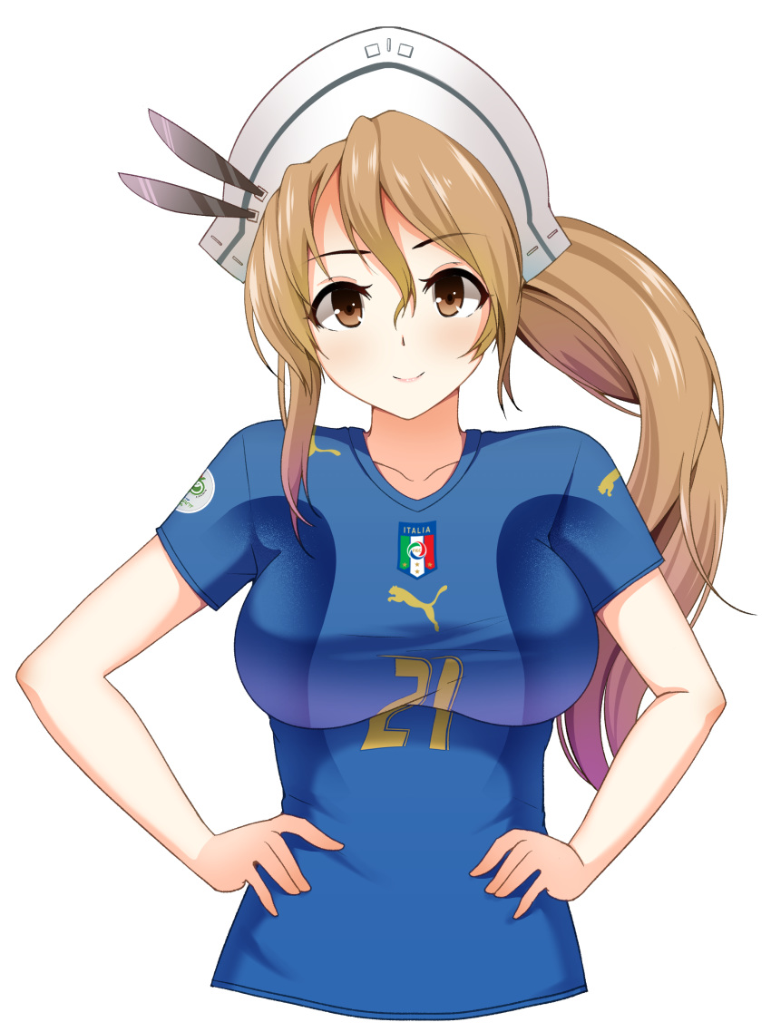 2006_fifa_world_cup absurdres alternate_costume breasts brown_eyes brown_hair clothes_writing feathers hands_on_hips hat highres italian italian_flag italy kantai_collection large_breasts littorio_(kantai_collection) long_hair looking_at_viewer puma_ag soccer soccer_uniform solo source_request sportswear transparent_background world_cup