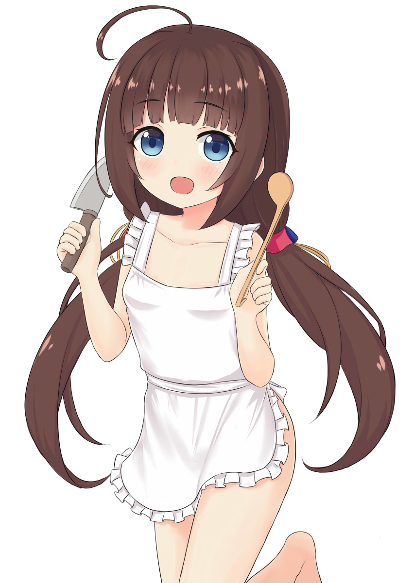 :d absurdres ahoge apron bangs bare_arms bare_shoulders blue_eyes blush breasts brown_hair collarbone commentary_request eyebrows_visible_through_hair hank_(spider921) highres hinatsuru_ai holding holding_knife knife long_hair looking_at_viewer low_twintails naked_apron open_mouth ryuuou_no_oshigoto! sidelocks simple_background small_breasts smile solo standing standing_on_one_leg twintails very_long_hair white_background