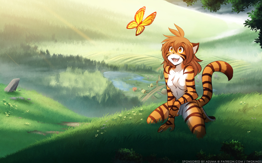 16:10 2018 anthro arthropod breasts brown_hair butterfly casual_nudity chest_tuft detailed_background digitigrade featureless_breasts featureless_crotch feline female field flora_(twokinds) flower fur grass hair hi_res hill insect keidran kneeling mammal monochrome multicolored_fur nude open_mouth orange_fur outside plant river road simple_background sketch small_breasts smile solo striped_fur stripes tiger tom_fischbach tuft twokinds village water webcomic white_background white_fur yellow_eyes