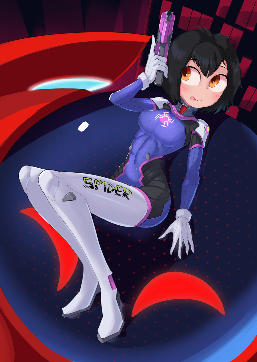 1girl :p black_hair bodysuit breasts brown_eyes closed_mouth d.va_(overwatch)_(cosplay) eyebrows_visible_through_hair full_body gloves gun looking_to_the_side lying medium_breasts on_back peni_parker short_hair solo sp//dr spider-man:_into_the_spider-verse spider-man_(series) tongue tongue_out weapon white_gloves