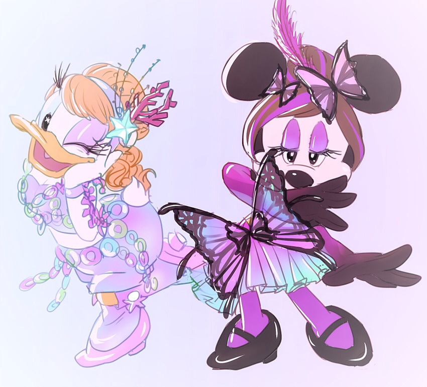 2016 4_fingers anthro arthropod avian beak bird black_nose blue_sclera butterfly clothing coral daisy_duck disney dress duck duo feathers female footwear hair half-closed_eyes hi_res high_heels insect kurokuma824 looking_at_viewer mammal marine minnie_mouse mouse one_eye_closed open_mouth open_smile orange_hair rodent round_ears shoes smile starfish white_feathers wig wink yellow_beak