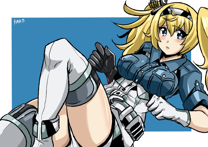 absurdres artist_name blonde_hair blue_background blue_eyes blue_shirt breast_pocket breasts frown gambier_bay_(kantai_collection) gloves haho hair_between_eyes highres kantai_collection large_breasts long_hair multicolored multicolored_clothes multicolored_gloves pocket shirt short_sleeves shorts solo thighs twintails two-tone_background white_background white_legwear white_shorts
