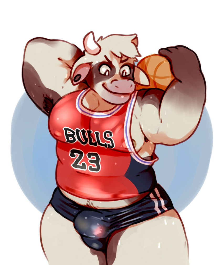 alternate_version_at_source anthro armpit_hair arms_above_head ball basketball basketball_(ball) belly big_belly big_butt bovine bulge butt cattle chicago_bulls clothed clothing digital_media_(artwork) ear_piercing flexing front_view glitter_trap_boy hi_res holding_ball horn jersey male male_focus mammal midriff moobs musclegut muscular muscular_male nba nipple_bulge nipple_slip nipples pecs penis_outline piercing pinup pose shirt shorts simple_background skimpy slightly_chubby smile solo sport standing tank_top thick_thighs tight_clothing tommy_the_cow white_background wide_hips