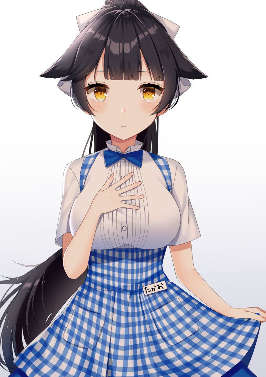 azur_lane bad_id bad_twitter_id black_hair blush bow breasts character_name closed_mouth eyebrows_visible_through_hair hair_bow hand_on_own_chest highres izumo_neru koubeya_uniform large_breasts long_hair looking_at_viewer name_tag ponytail solo takao_(azur_lane) very_long_hair white_bow yellow_eyes