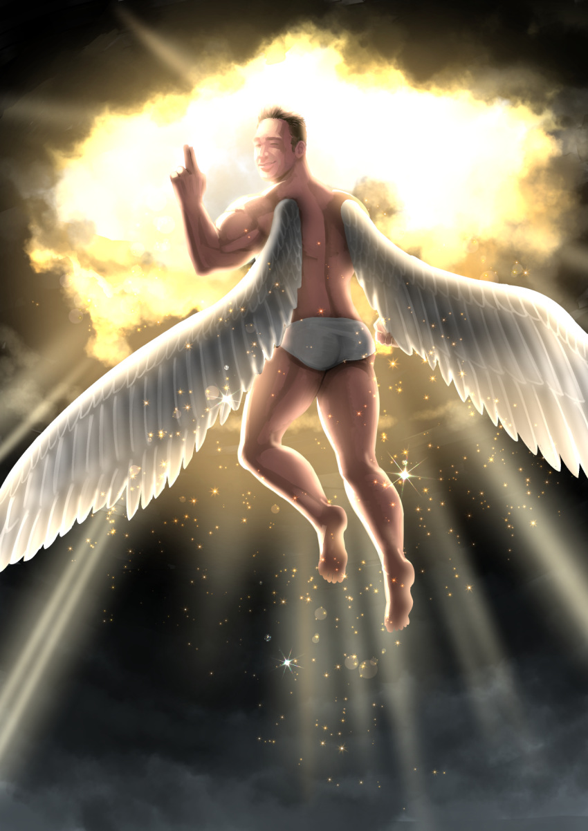 angel_wings back bare_legs barefoot billy_herrington bloom briefs brown_hair cloud commentary flying full_body gachimuchi hand_up heaven highres light light_particles light_rays looking_at_viewer looking_back male_focus male_underwear muscle one_eye_closed otosama real_life shirtless sky smile solo underwear underwear_only white_briefs wings