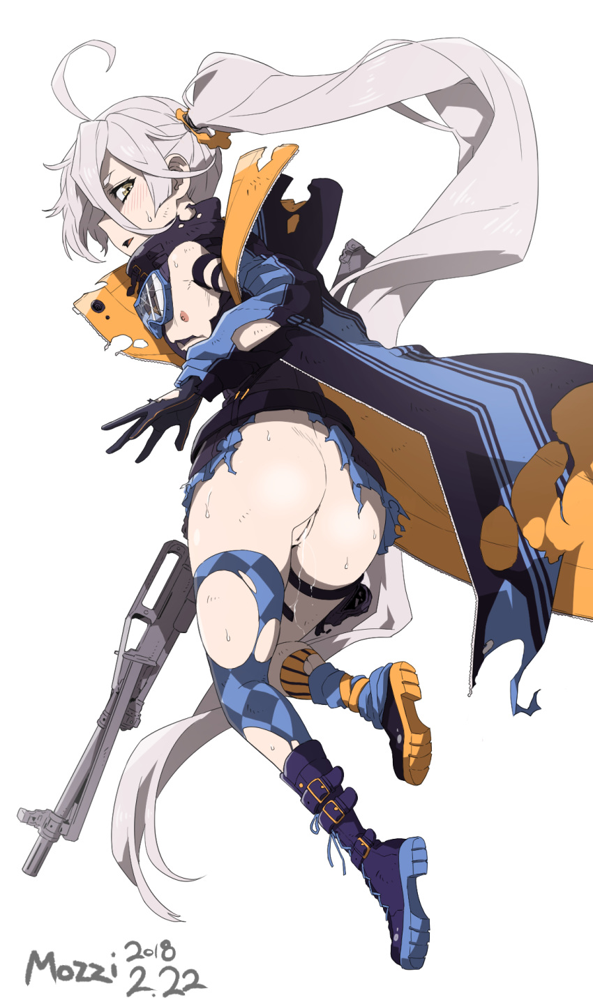 ahoge anus argyle argyle_legwear artist_name ass asymmetrical_footwear asymmetrical_legwear bare_shoulders belt black_gloves black_legwear blue_legwear blue_skirt blush boots broken_goggles bruise coat cross-laced_footwear dated flat_chest full_body girls_frontline gloves goggles goggles_around_neck gun hair_between_eyes hair_ornament highres holding holding_gun holding_weapon holster injury lace-up_boots long_hair looking_at_viewer microskirt mozzi multicolored multicolored_clothes multicolored_legwear nipples open_clothes open_coat open_mouth orange_scrunchie parted_lips pkp_(girls_frontline) pkp_pecheneg pleated_skirt pussy pussy_juice scrunchie side_ponytail silver_hair simple_background single_thighhigh skirt solo sweatdrop thigh_holster thighhighs torn_clothes torn_legwear two-tone_legwear uncensored very_long_hair weapon weapon_request white_background yellow_eyes