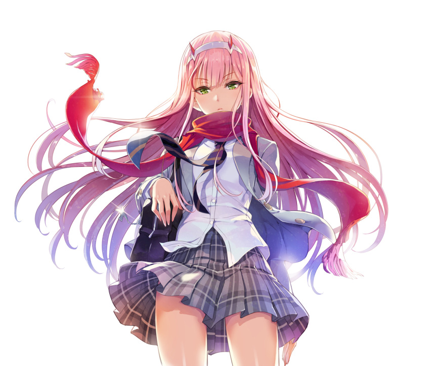 bag closed_mouth darling_in_the_franxx green_eyes grey_skirt highres horns long_hair necktie pink_hair plaid plaid_skirt red_scarf scarf simple_background skirt solo standing striped striped_neckwear tel-o white_background zero_two_(darling_in_the_franxx)