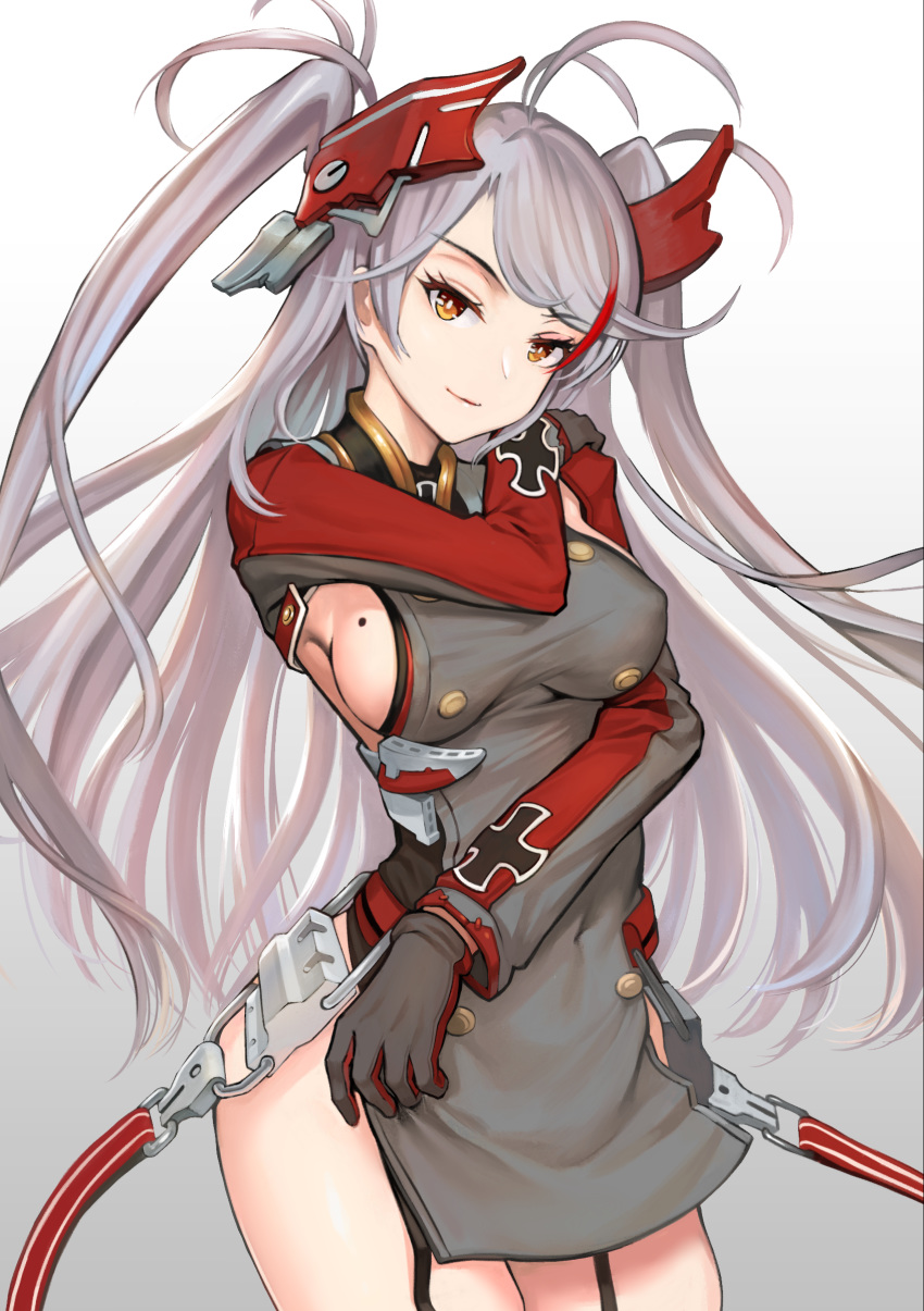 absurdres antenna_hair azur_lane bad_revision bangs black_choker black_ribbon breasts choker closed_mouth covered_navel cowboy_shot downscaled_revision eyebrows_visible_through_hair flag_print garter_straps german_flag hair_ornament head_tilt headgear highres iron_cross large_breasts long_hair long_sleeves looking_at_viewer md5_mismatch mole mole_on_breast multicolored_hair orange_eyes parted_bangs prinz_eugen_(azur_lane) qbase ribbon sideboob simple_background smile solo standing streaked_hair swept_bangs thigh_strap two_side_up white_background white_hair